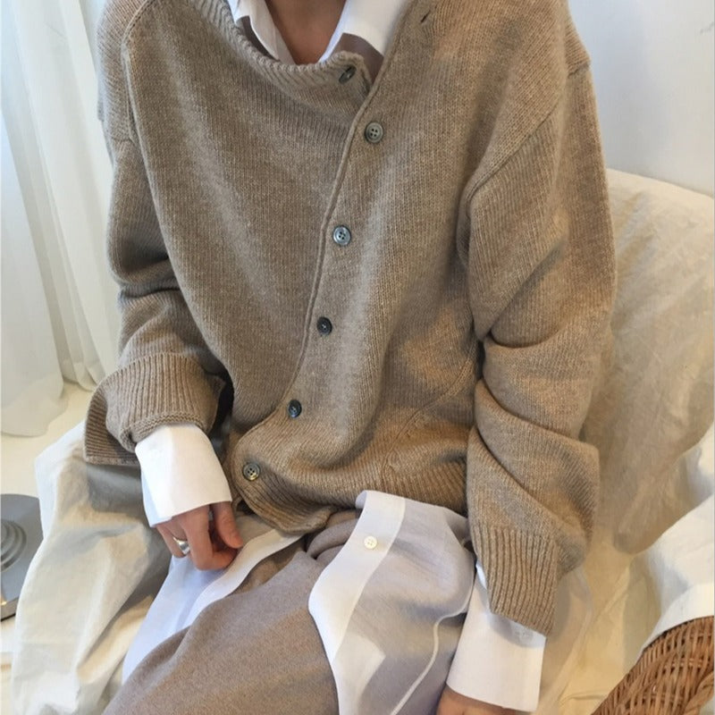 South Korea Chic Irregular Diagonal Buckle Idle Style Solid Color Knitted Sweater Diagonal Cardigan