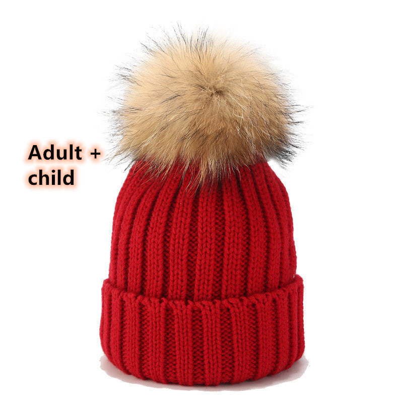 Wild Raccoon Real Hair Ball Knitted Hat Warm Parent-Child Hat