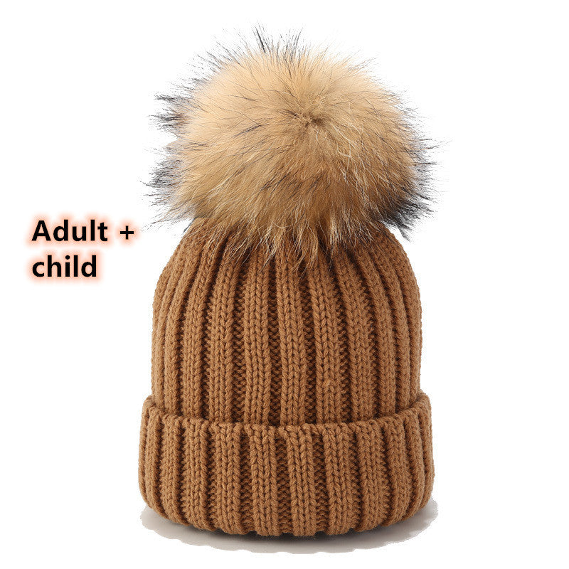 Wild Raccoon Real Hair Ball Knitted Hat Warm Parent-Child Hat