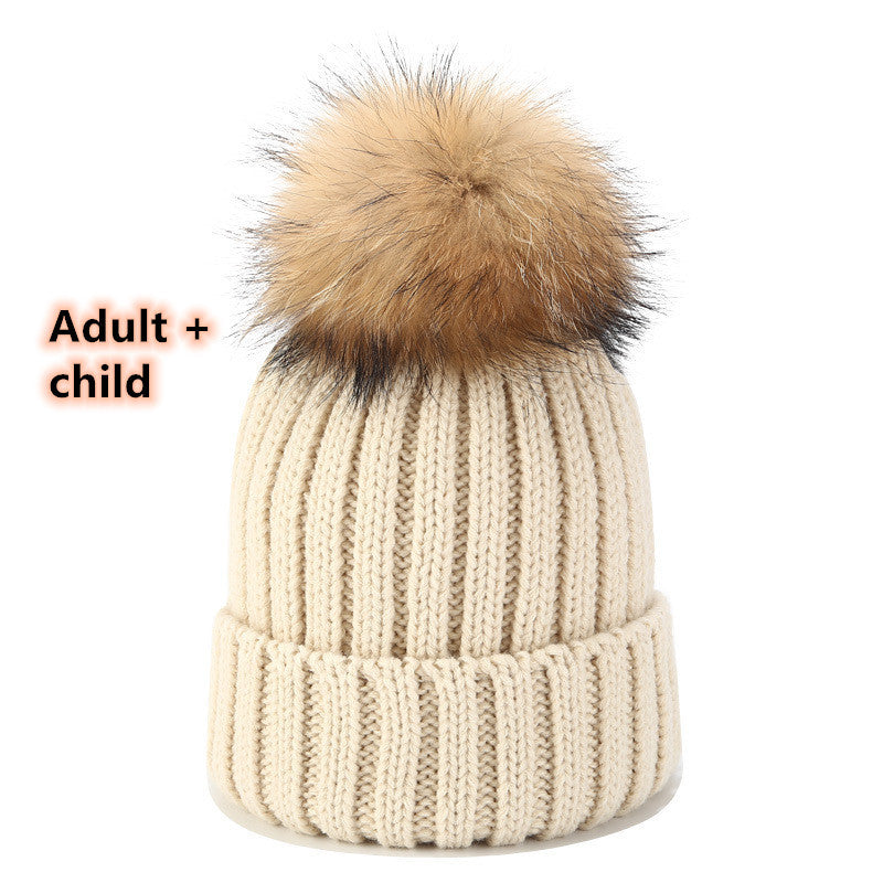 Wild Raccoon Real Hair Ball Knitted Hat Warm Parent-Child Hat