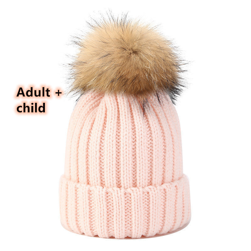 Wild Raccoon Real Hair Ball Knitted Hat Warm Parent-Child Hat