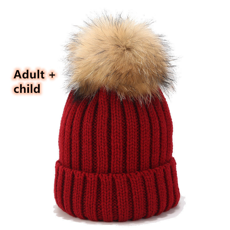 Wild Raccoon Real Hair Ball Knitted Hat Warm Parent-Child Hat