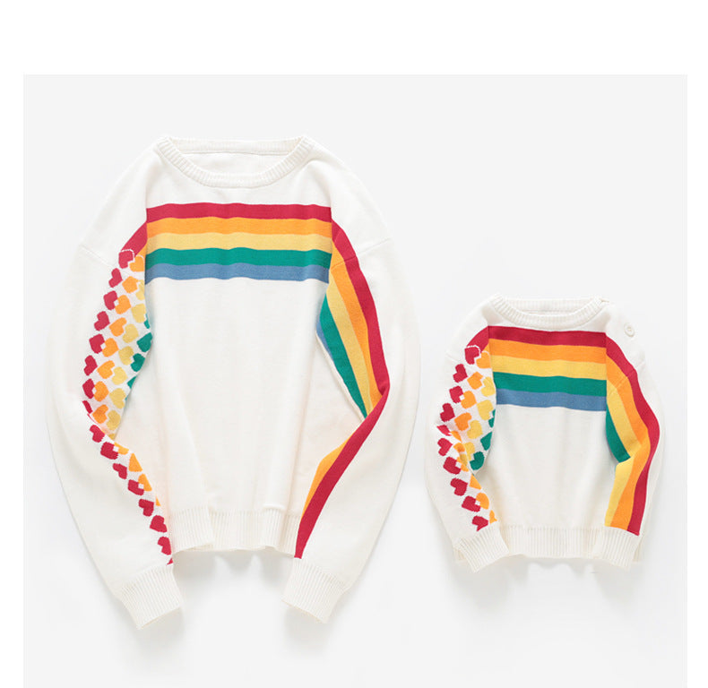 Parent-child Korean Style Rainbow Horizontal Bar Heart Knitted Pullover Parent-child Sweater