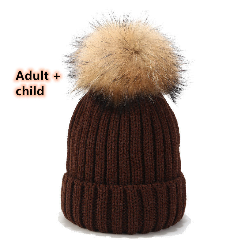 Wild Raccoon Real Hair Ball Knitted Hat Warm Parent-Child Hat