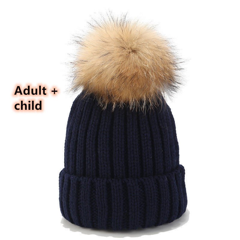 Wild Raccoon Real Hair Ball Knitted Hat Warm Parent-Child Hat