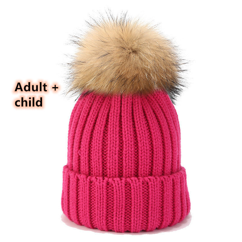 Wild Raccoon Real Hair Ball Knitted Hat Warm Parent-Child Hat