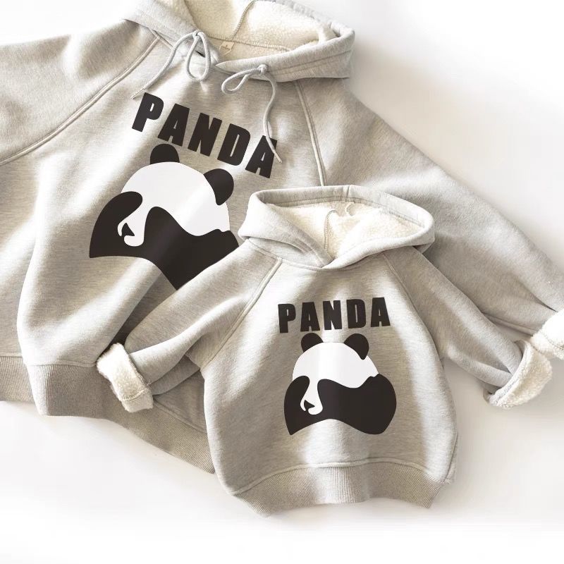 Cartoon Panda Plus Velvet Parent-child Hooded Long Sleeves