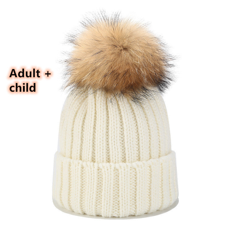 Wild Raccoon Real Hair Ball Knitted Hat Warm Parent-Child Hat