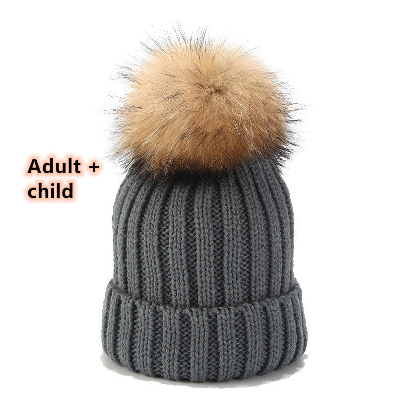 Wild Raccoon Real Hair Ball Knitted Hat Warm Parent-Child Hat