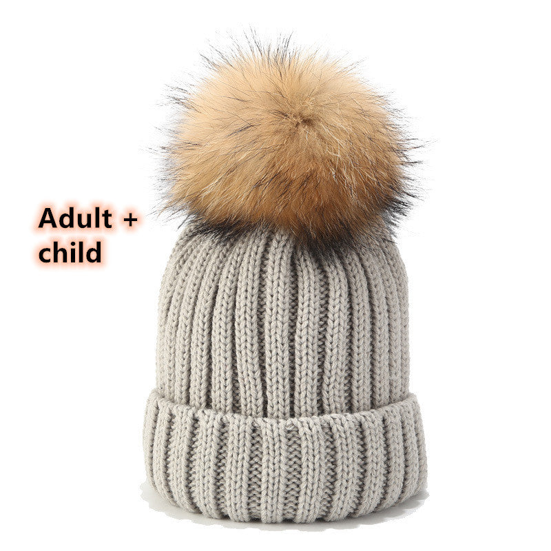 Wild Raccoon Real Hair Ball Knitted Hat Warm Parent-Child Hat