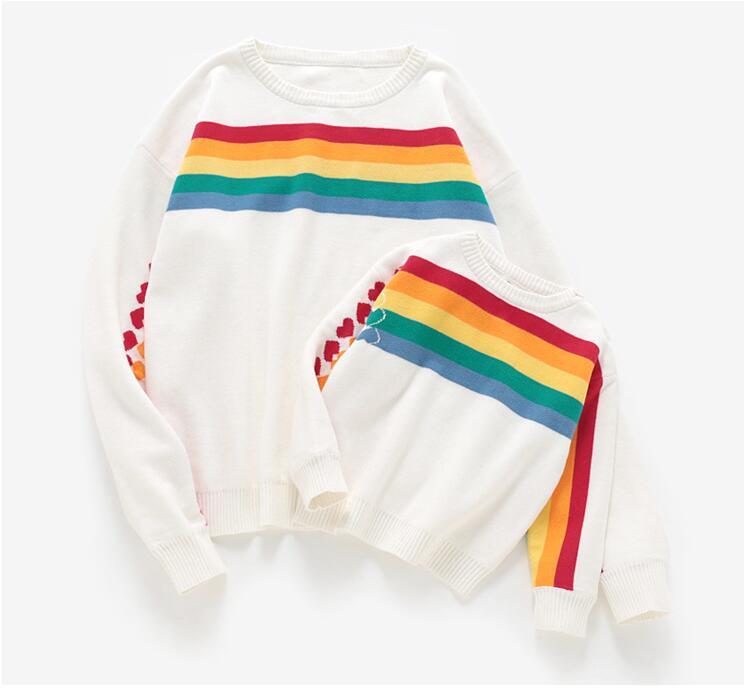 Rainbow Horizontal Bar Heart Knitted Pullover Parent-child Sweater