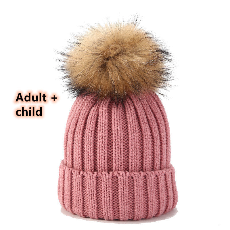 Wild Raccoon Real Hair Ball Knitted Hat Warm Parent-Child Hat