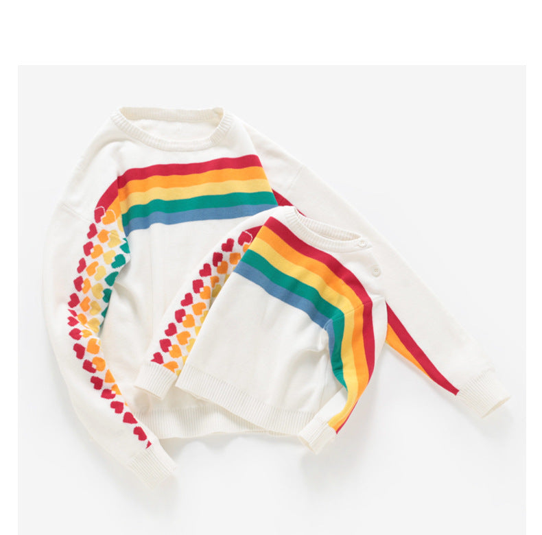 Parent-child Korean Style Rainbow Horizontal Bar Heart Knitted Pullover Parent-child Sweater