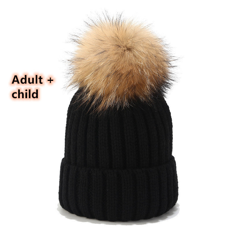 Wild Raccoon Real Hair Ball Knitted Hat Warm Parent-Child Hat