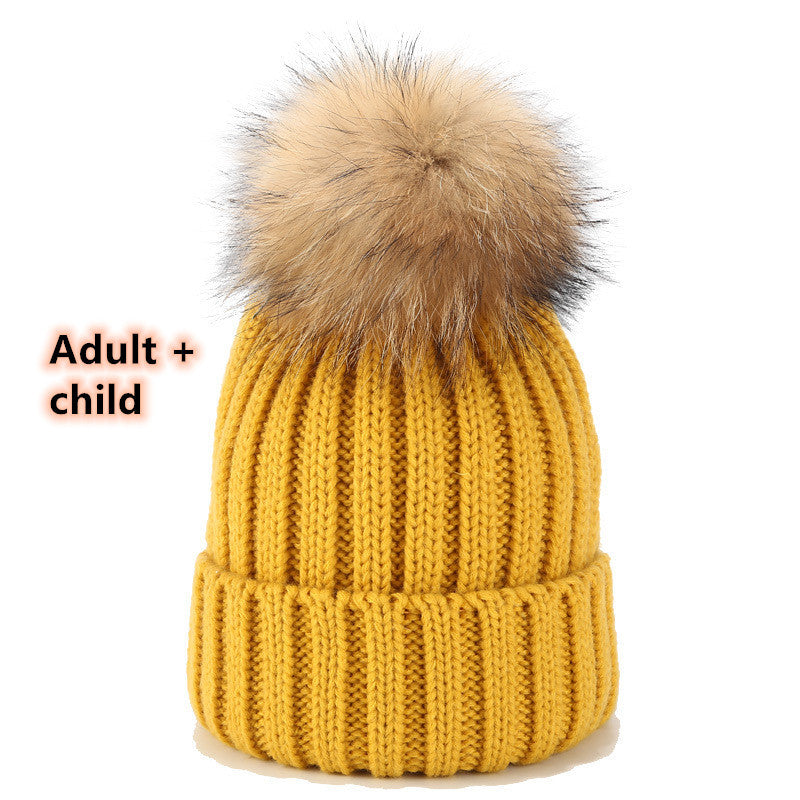 Wild Raccoon Real Hair Ball Knitted Hat Warm Parent-Child Hat