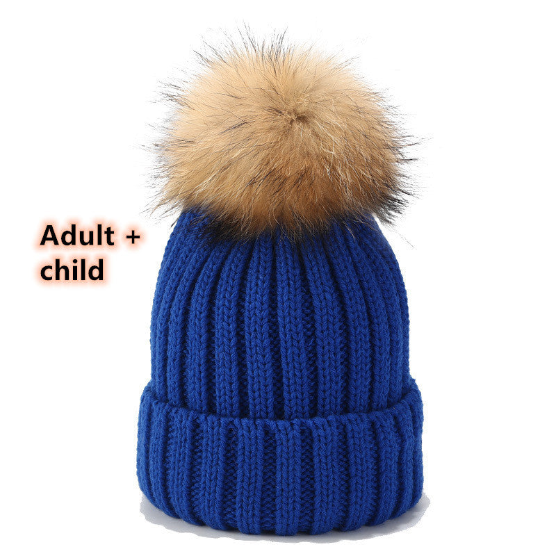 Wild Raccoon Real Hair Ball Knitted Hat Warm Parent-Child Hat