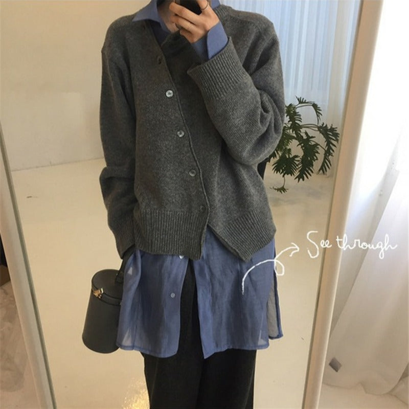 South Korea Chic Irregular Diagonal Buckle Idle Style Solid Color Knitted Sweater Diagonal Cardigan