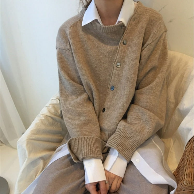 South Korea Chic Irregular Diagonal Buckle Idle Style Solid Color Knitted Sweater Diagonal Cardigan